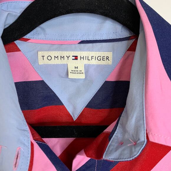 Tommy Hilfiger Blue Pink Red Striped Button Up Shirt Sz Medium - Picture 7 of 9